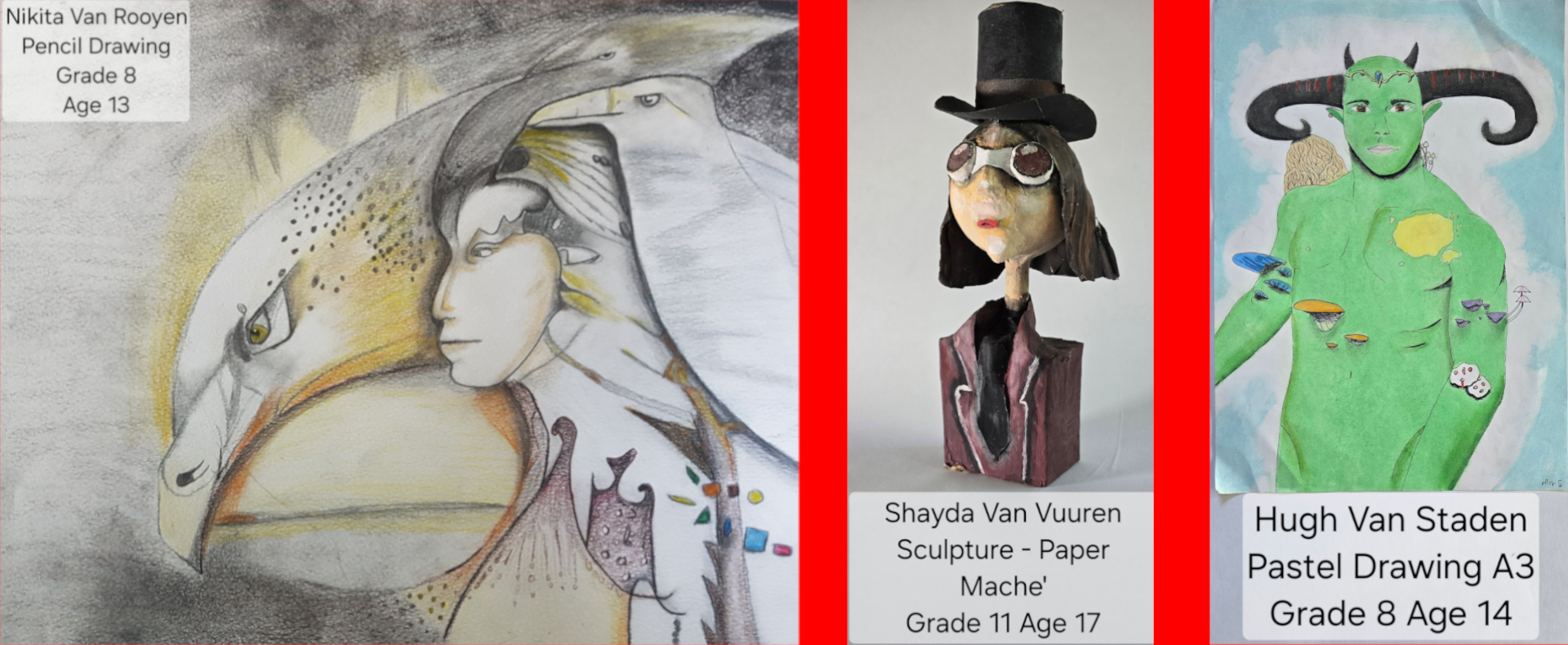 Pencil drawing, Sculpture and Pastel Drawing from students at Progressive Music and Art School Selcourt Springs